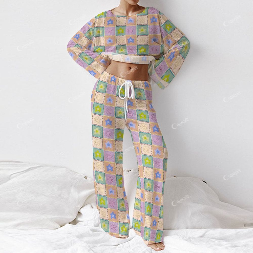 Colordate Women's Checkered Patchwork Print Long Sleeve Cotton Homewear Set
