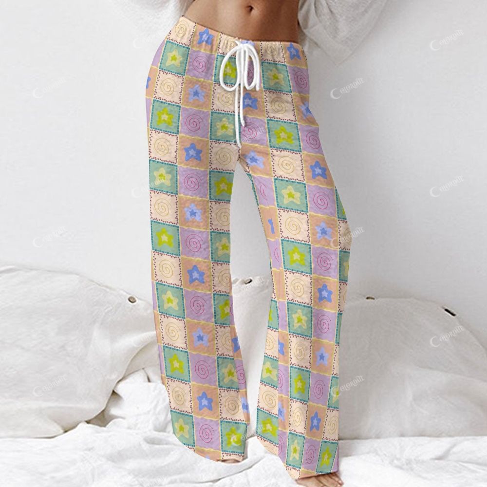 Colordate Women's Checkered Patchwork Print Long Sleeve Cotton Homewear Set