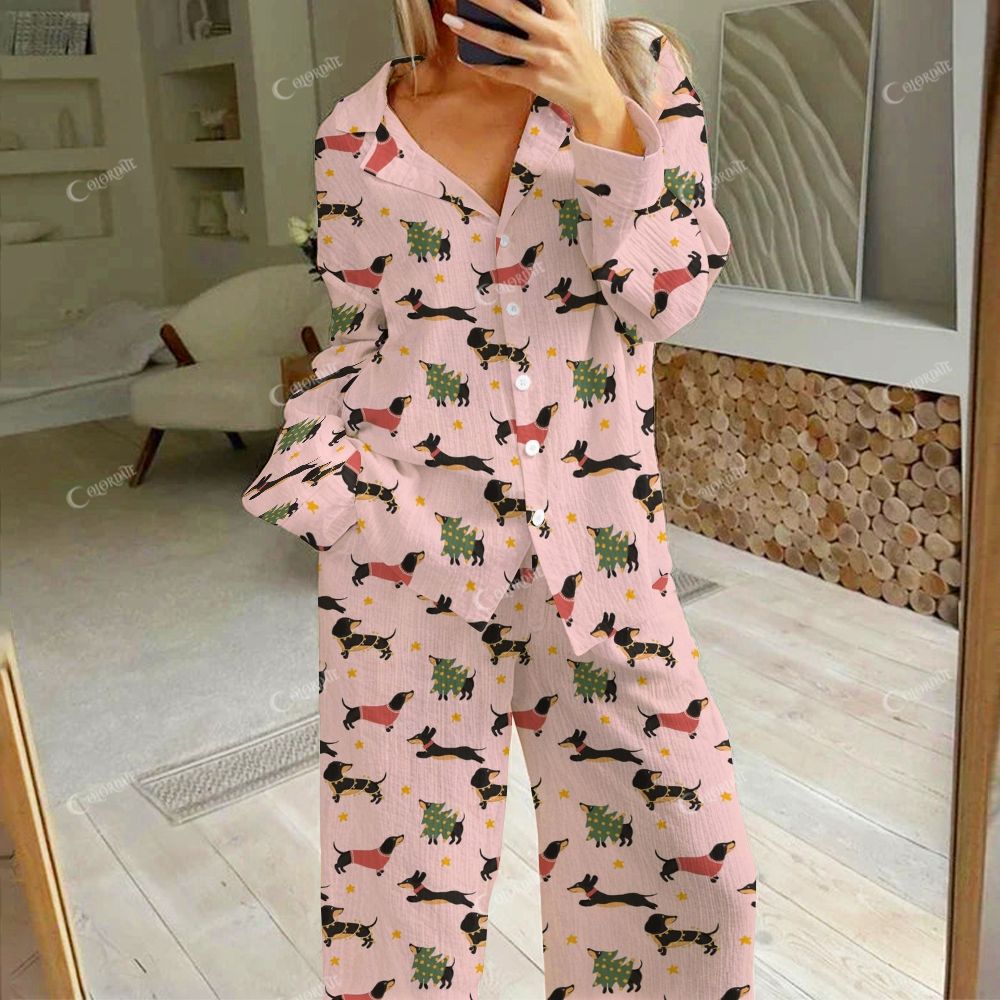 Colordate Women's Cute Dog Print Cotton Cardigan Homewear Set