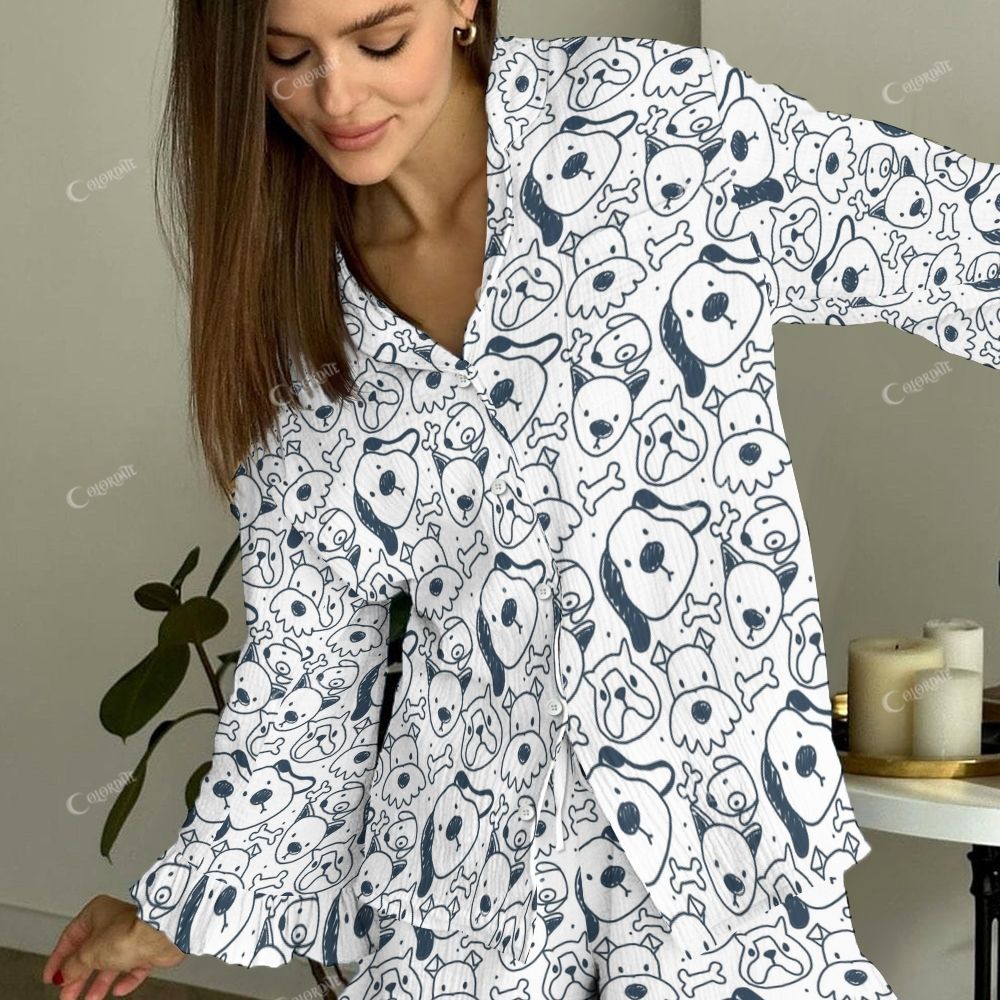 Colordate Women's Dog Vintage Printed Linen Cotton Suit