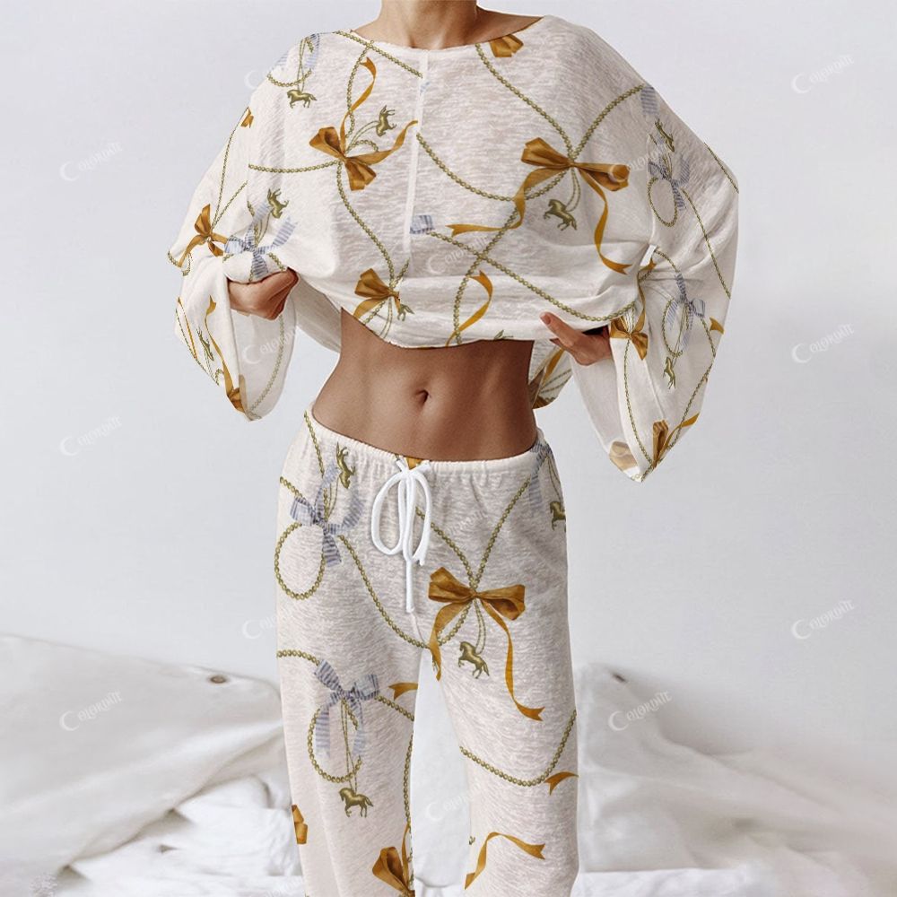 Ribbon, Bead and Horse Charm Pattern Women's Long Sleeve Cotton Homewear Set