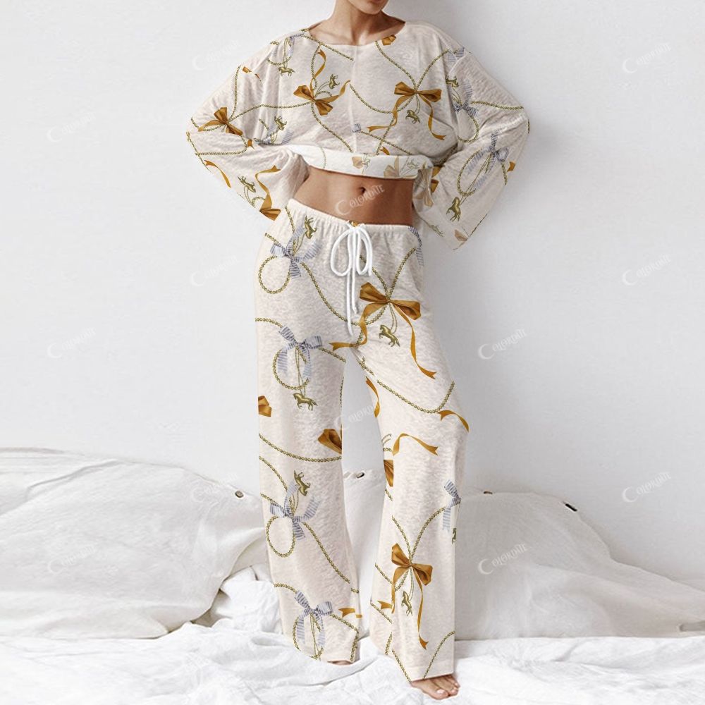 Ribbon, Bead and Horse Charm Pattern Women's Long Sleeve Cotton Homewear Set