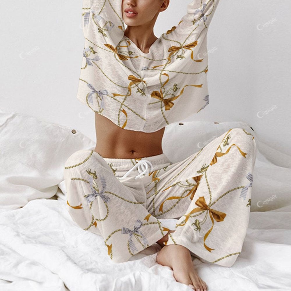 Ribbon, Bead and Horse Charm Pattern Women's Long Sleeve Cotton Homewear Set