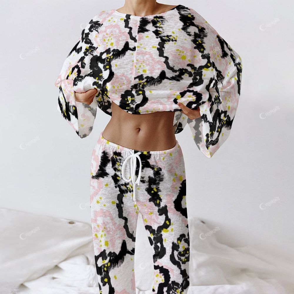 Pink, Black and Yellow Abstract Floral Pattern Women's Long Sleeve Cotton Homewear Set