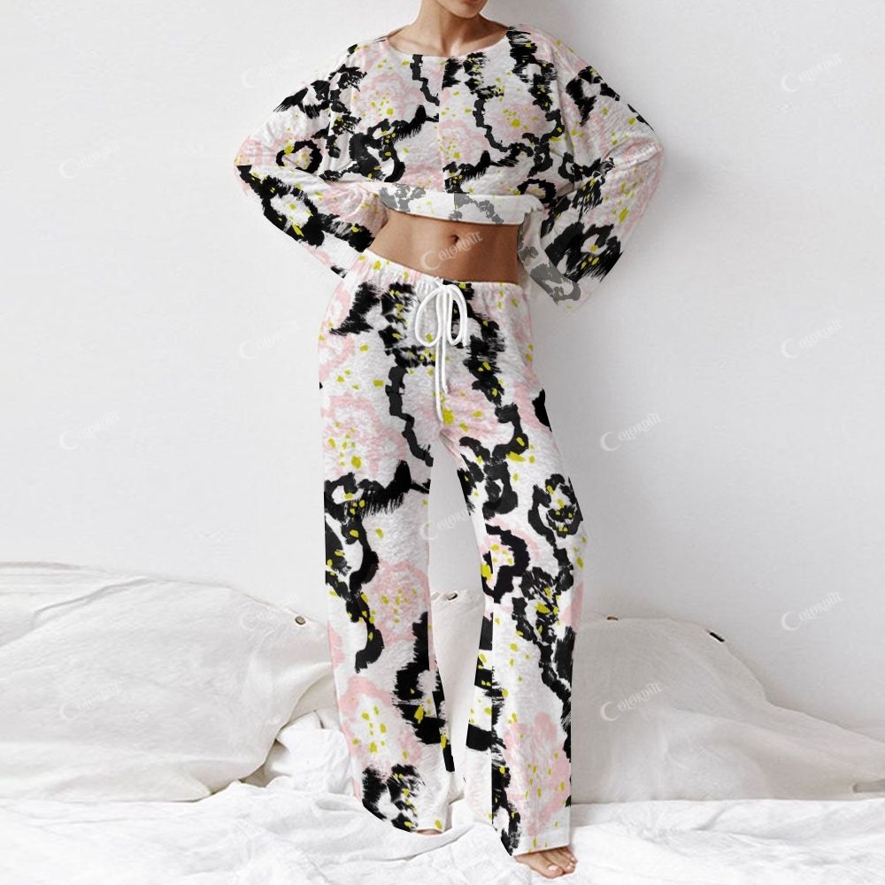 Pink, Black and Yellow Abstract Floral Pattern Women's Long Sleeve Cotton Homewear Set