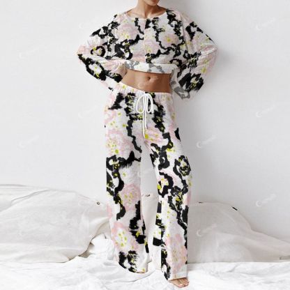 Pink, Black and Yellow Abstract Floral Pattern Women's Long Sleeve Cotton Homewear Set