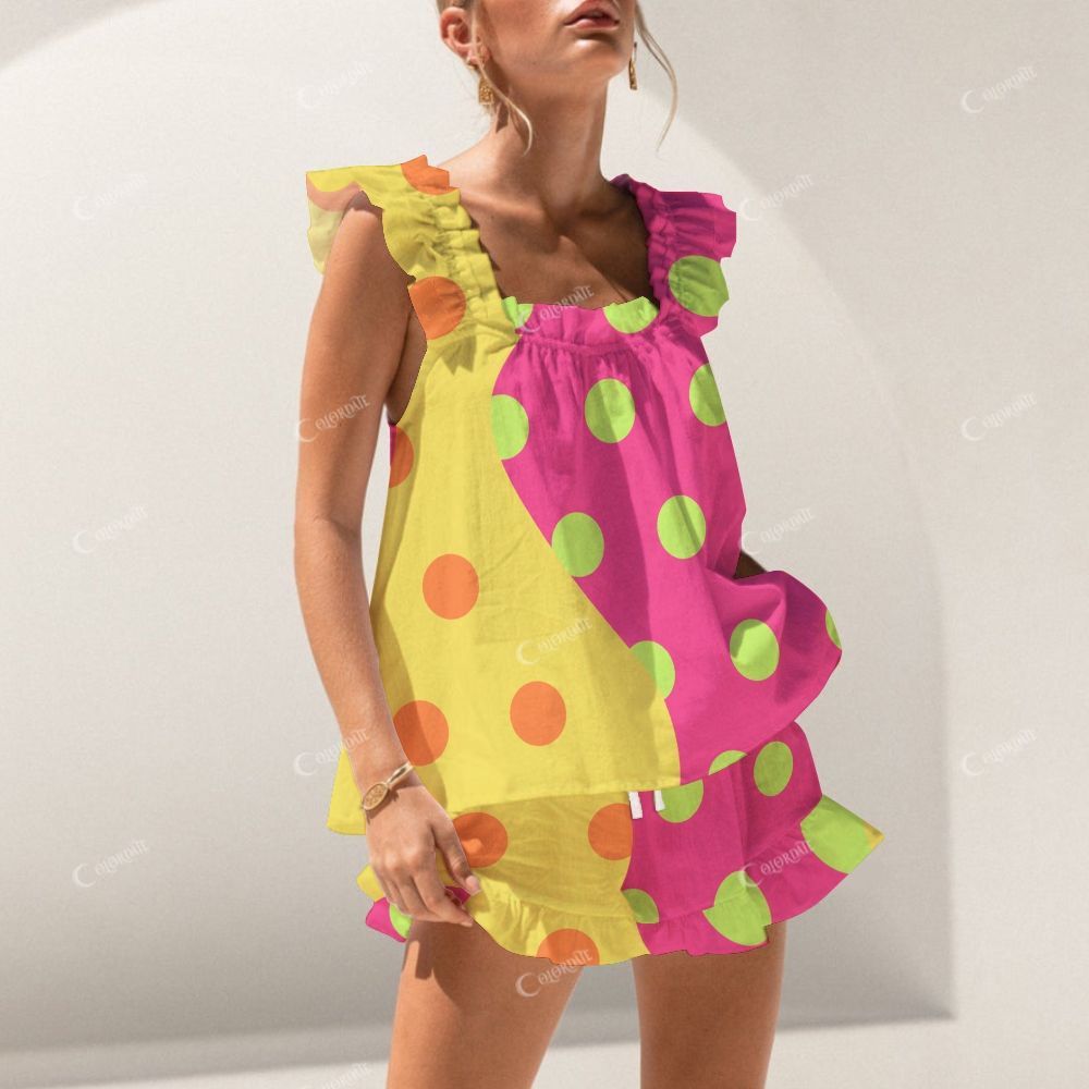 Colordate Colorful Polka Dot Print Short Tank Top Shorts Pajama Set