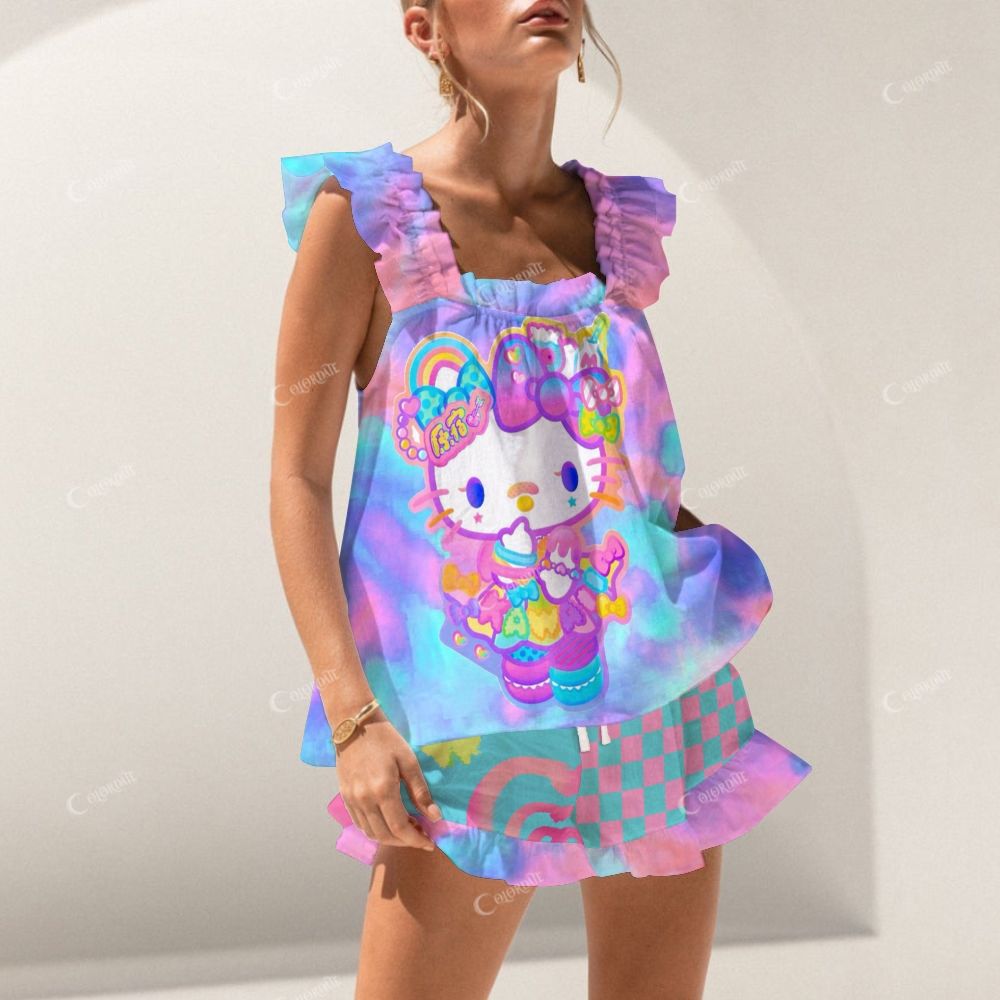 Colordate Colorful Kitten Print Short Tank Top Shorts Pajama Set