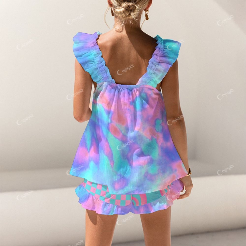 Colordate Colorful Kitten Print Short Tank Top Shorts Pajama Set