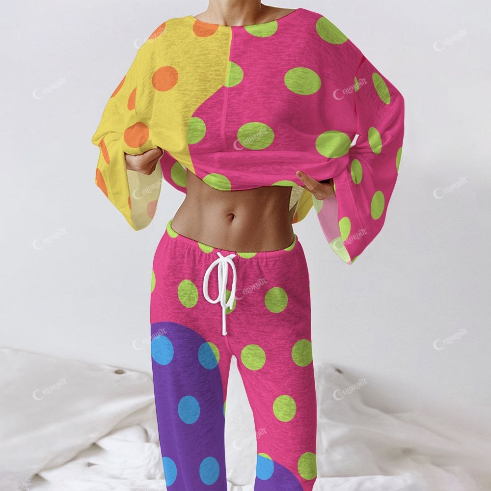 Colordate Women's Colorful Polka Dot Print Long Sleeve Cotton Homewear Set