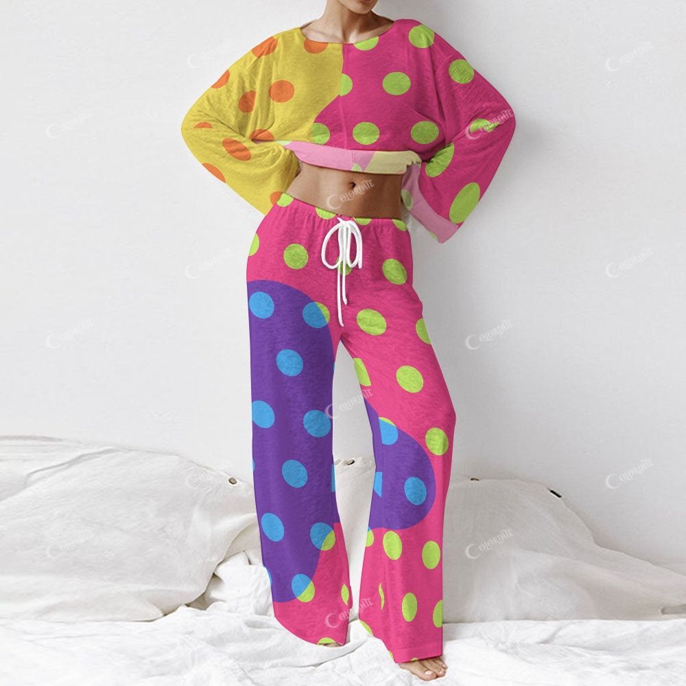 Colordate Women's Colorful Polka Dot Print Long Sleeve Cotton Homewear Set