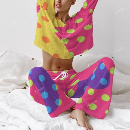 Colordate Women's Colorful Polka Dot Print Long Sleeve Cotton Homewear Set
