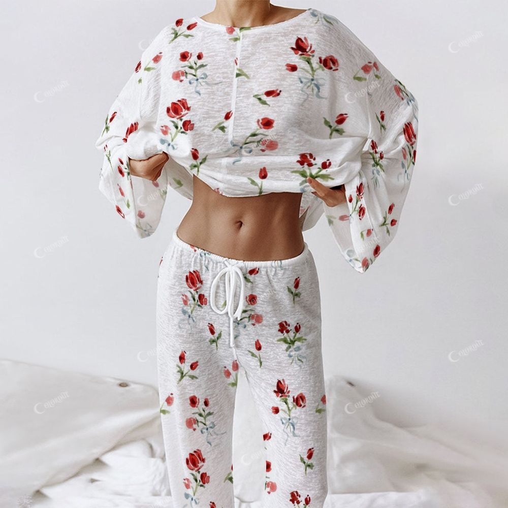 Colordate Women's Red Flower Print Long Sleeve Cotton Homewear Set