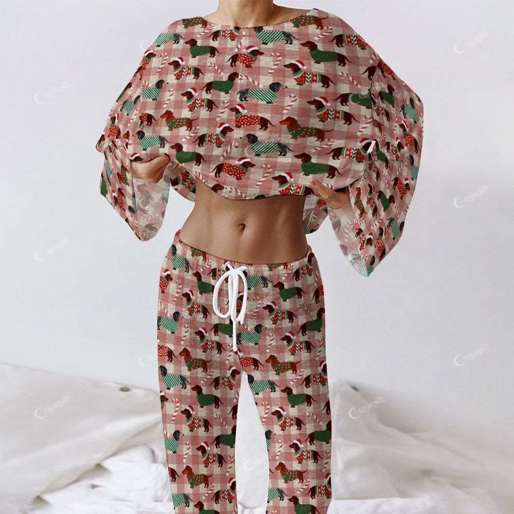 Colordate Women's Cute Dog Print Long Sleeve Cotton Homewear Set