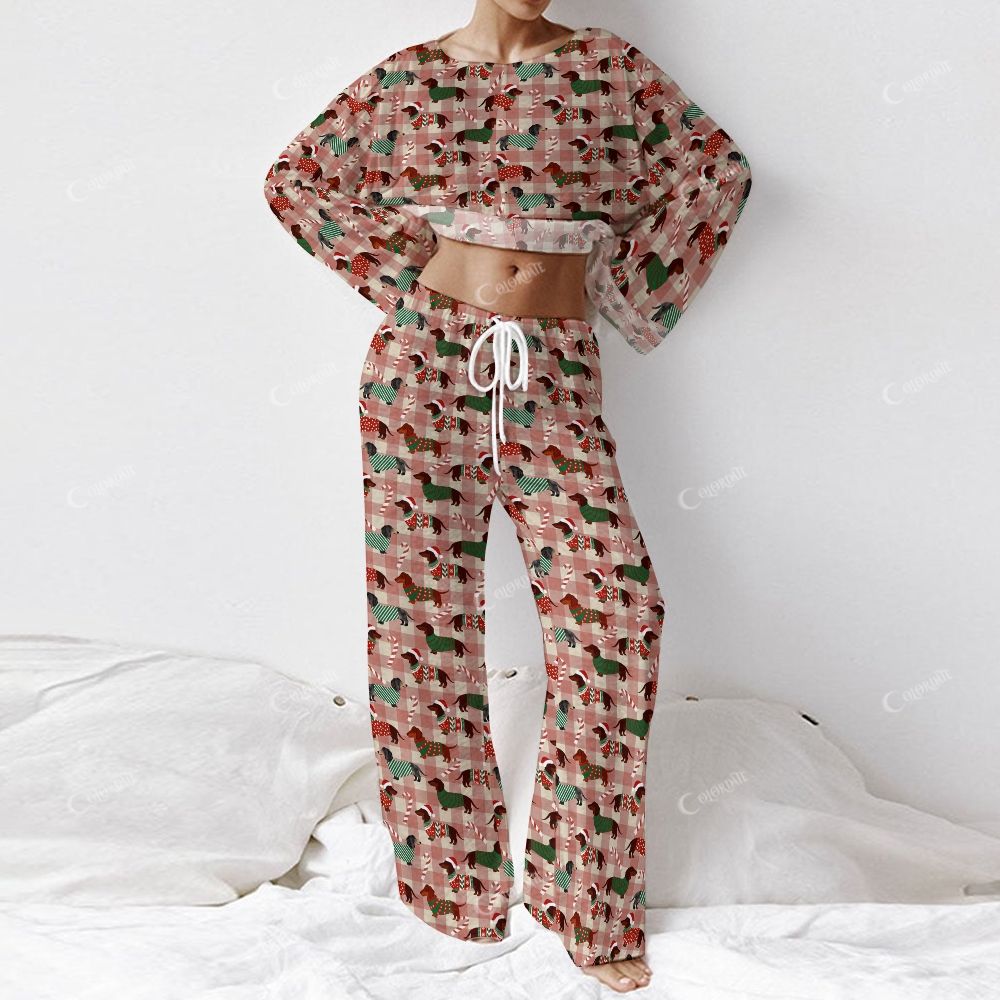 Colordate Women's Cute Dog Print Long Sleeve Cotton Homewear Set