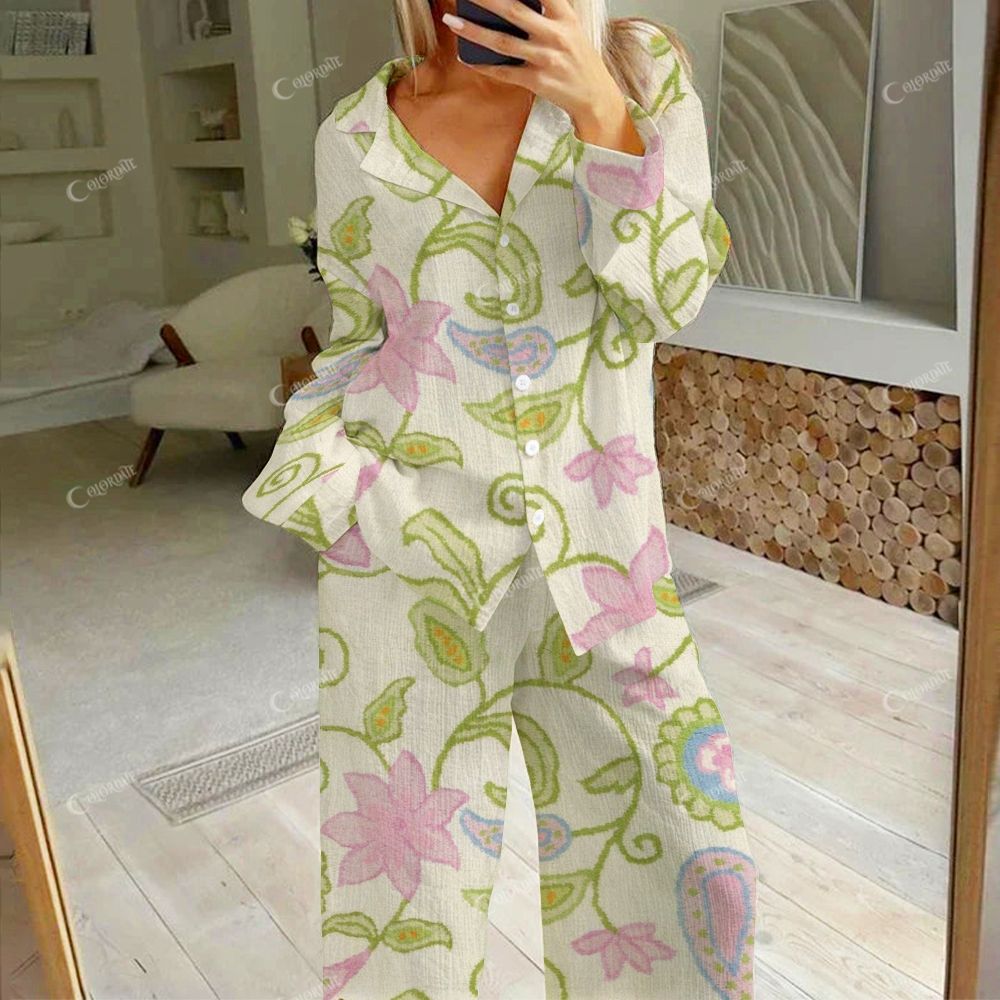 Orchid & Cactus Pattern Pajamas Women's Print Cotton Cardigan Homewear Set 