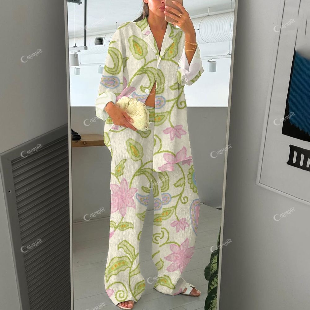 Orchid & Cactus Pattern Pajamas Women's Print Cotton Cardigan Homewear Set 