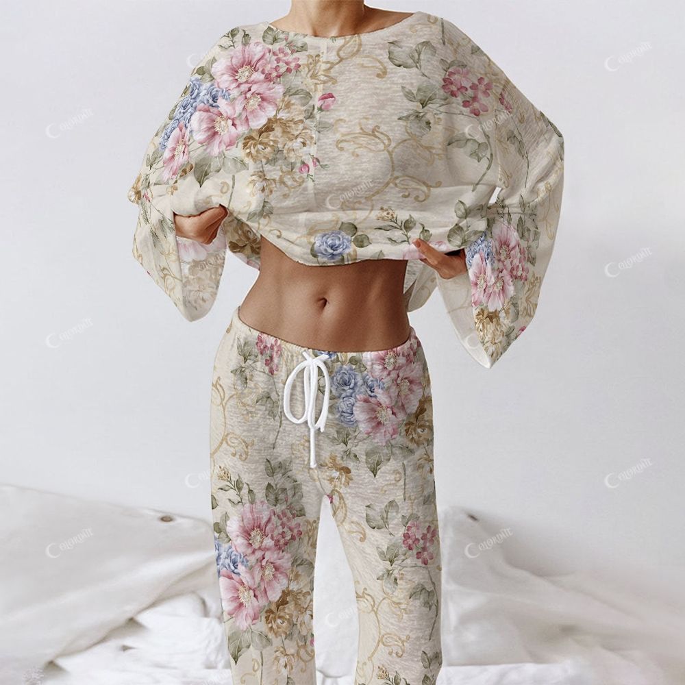 Colordate Women's Pink And Blue Floral Prints Long Sleeve Cotton Homewear Set