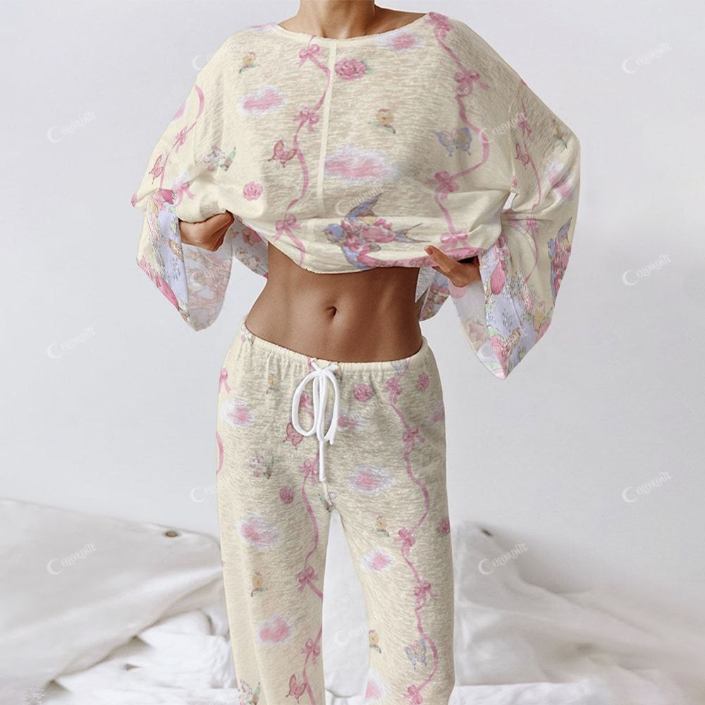 Colordate Women's Floral And Bow Print Long Sleeve Cotton Homewear Set
