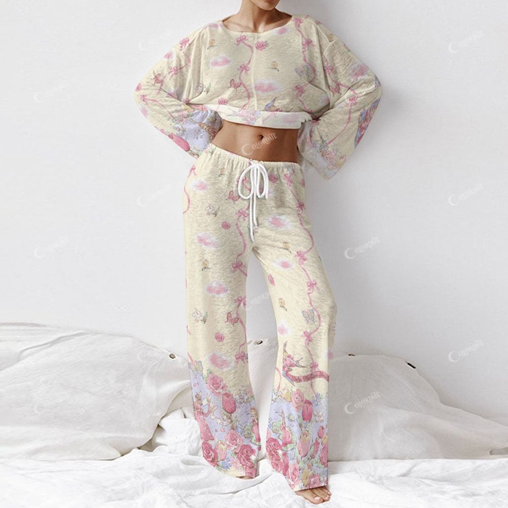 Colordate Women's Floral And Bow Print Long Sleeve Cotton Homewear Set