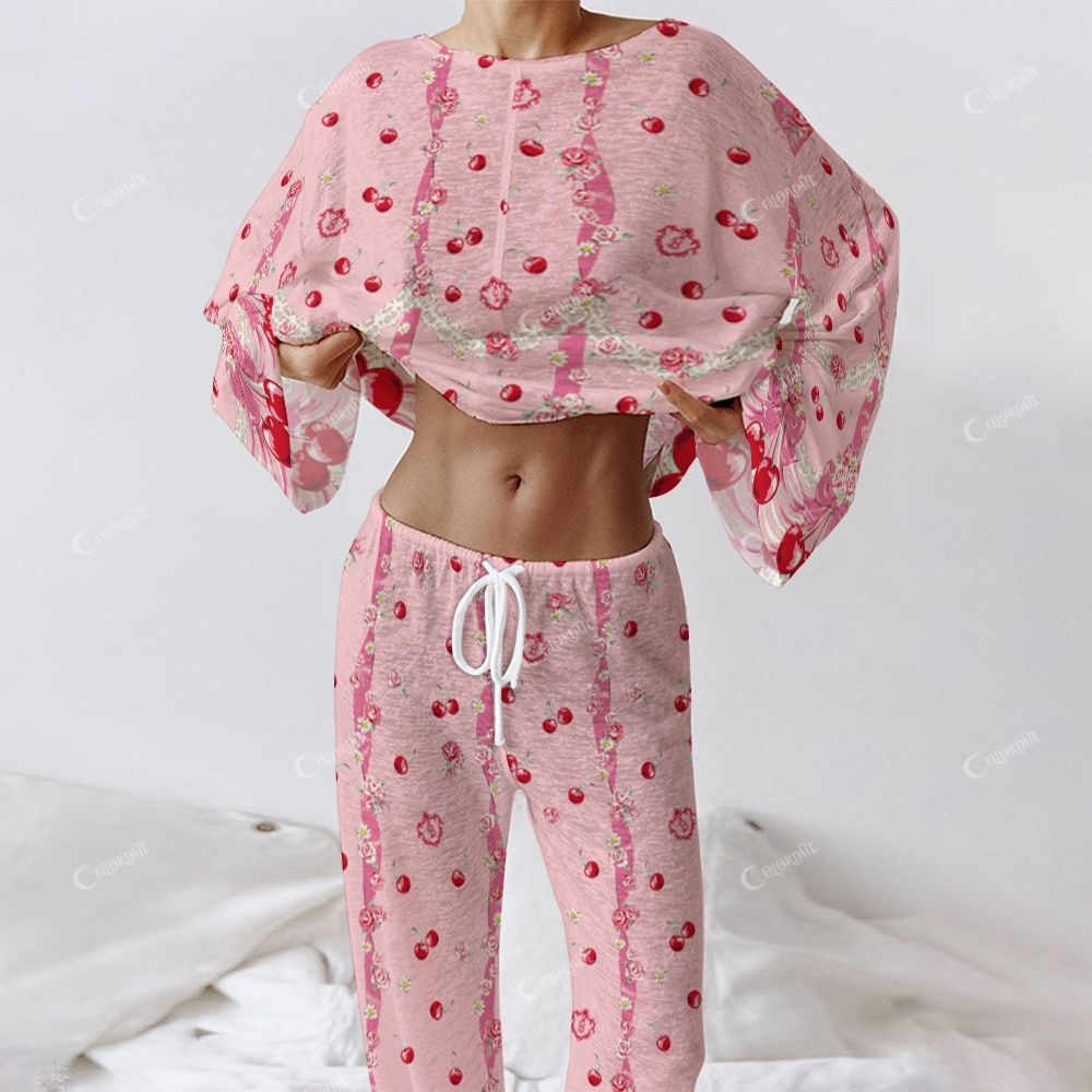 Colordate Women's Cherry Print Long Sleeve Cotton Homewear Set