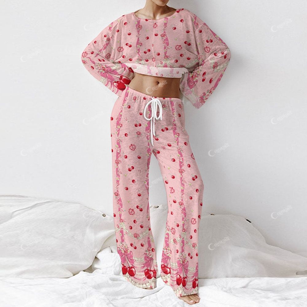Colordate Women's Cherry Print Long Sleeve Cotton Homewear Set