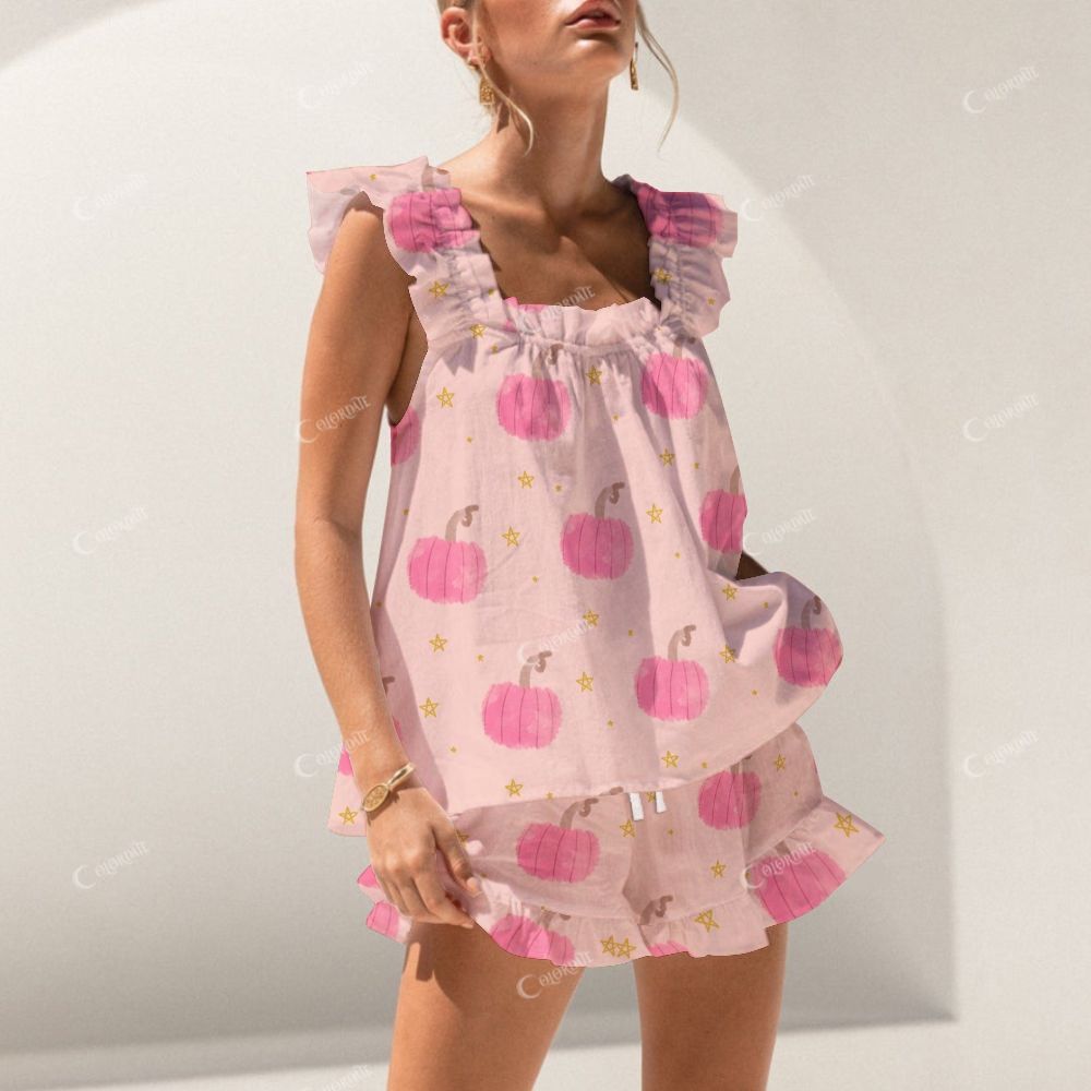 Colordate Pink Pumpkin Print Short Tank Top Shorts Pajama Set