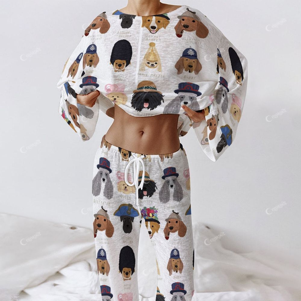 Colordate Women's Cute Dog Print Long Sleeve Cotton Homewear Set