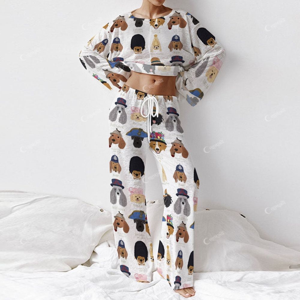Colordate Women's Cute Dog Print Long Sleeve Cotton Homewear Set