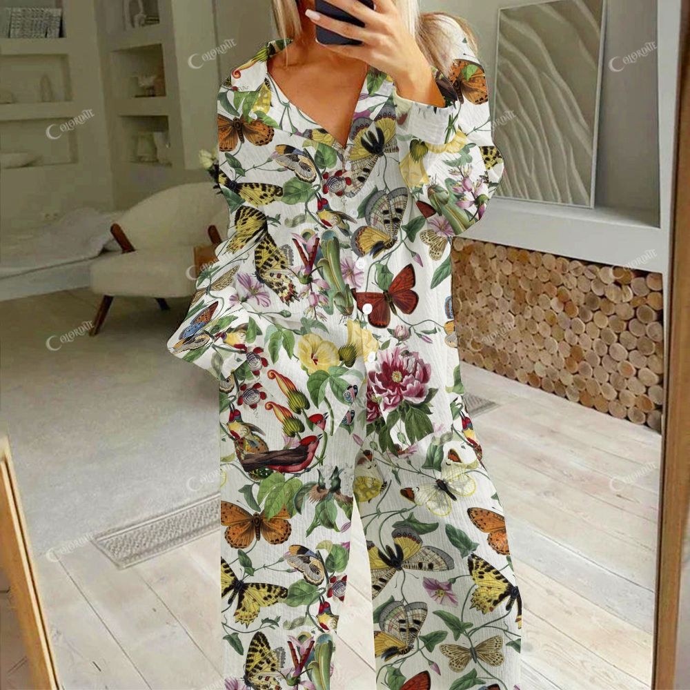 Colordate Women's Bows And Flowers Print Cotton Cardigan Homewear Set