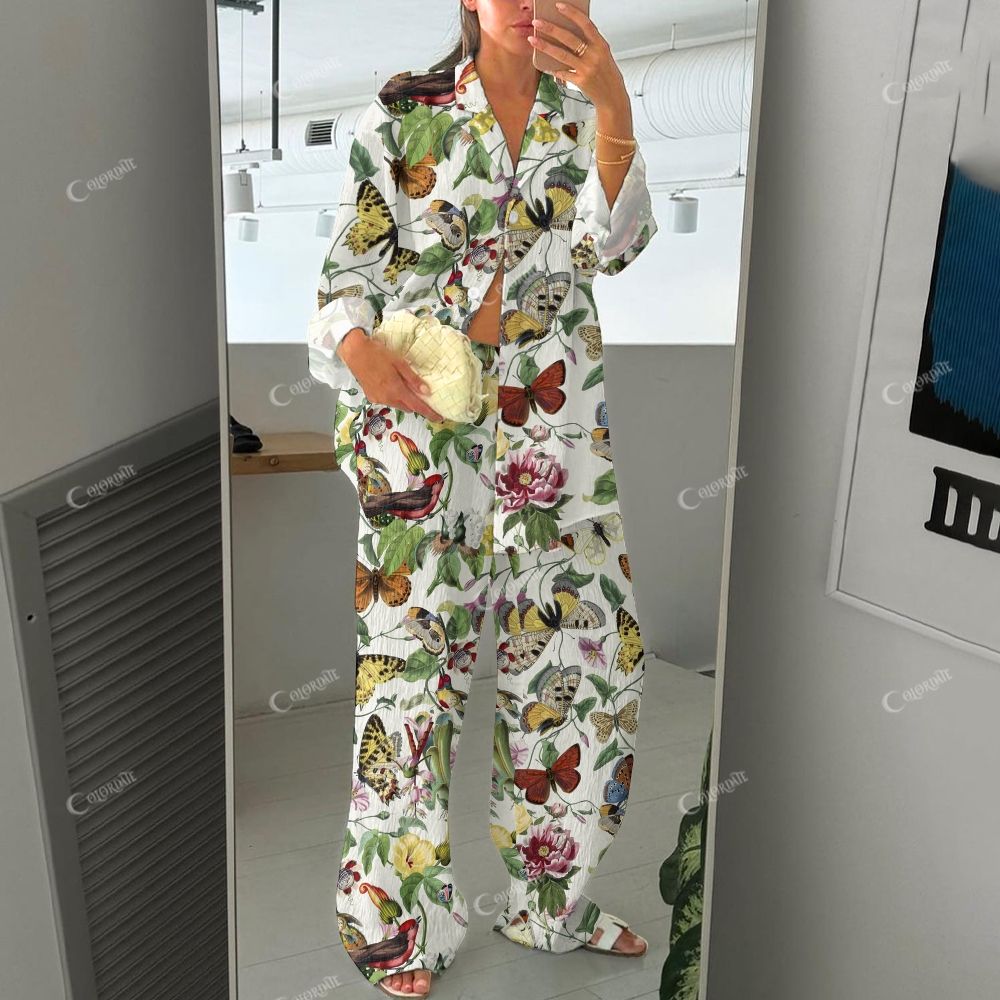 Colordate Women's Bows And Flowers Print Cotton Cardigan Homewear Set