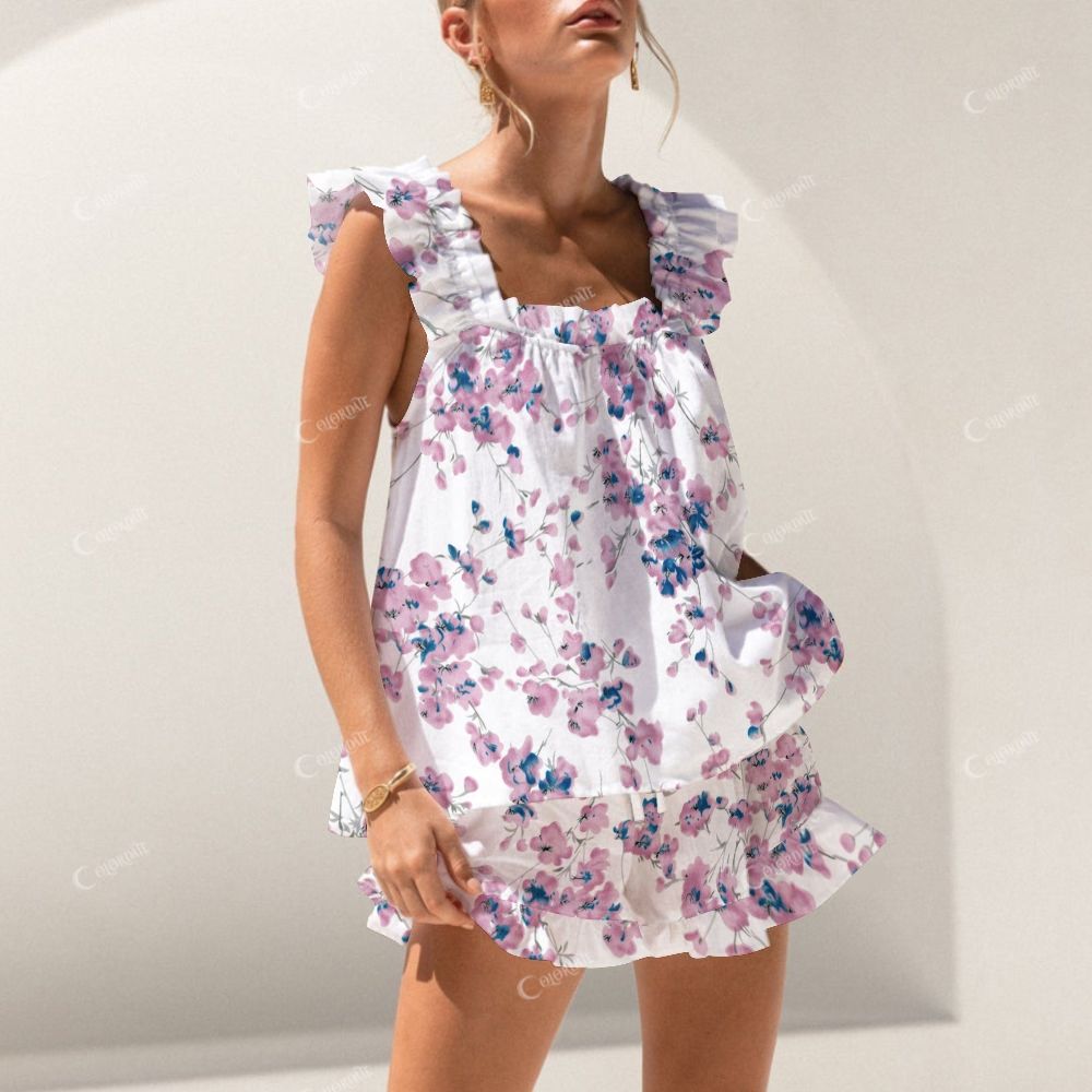 Colordate Pink And Blue Flower Print Short Tank Top Shorts Pajama Set