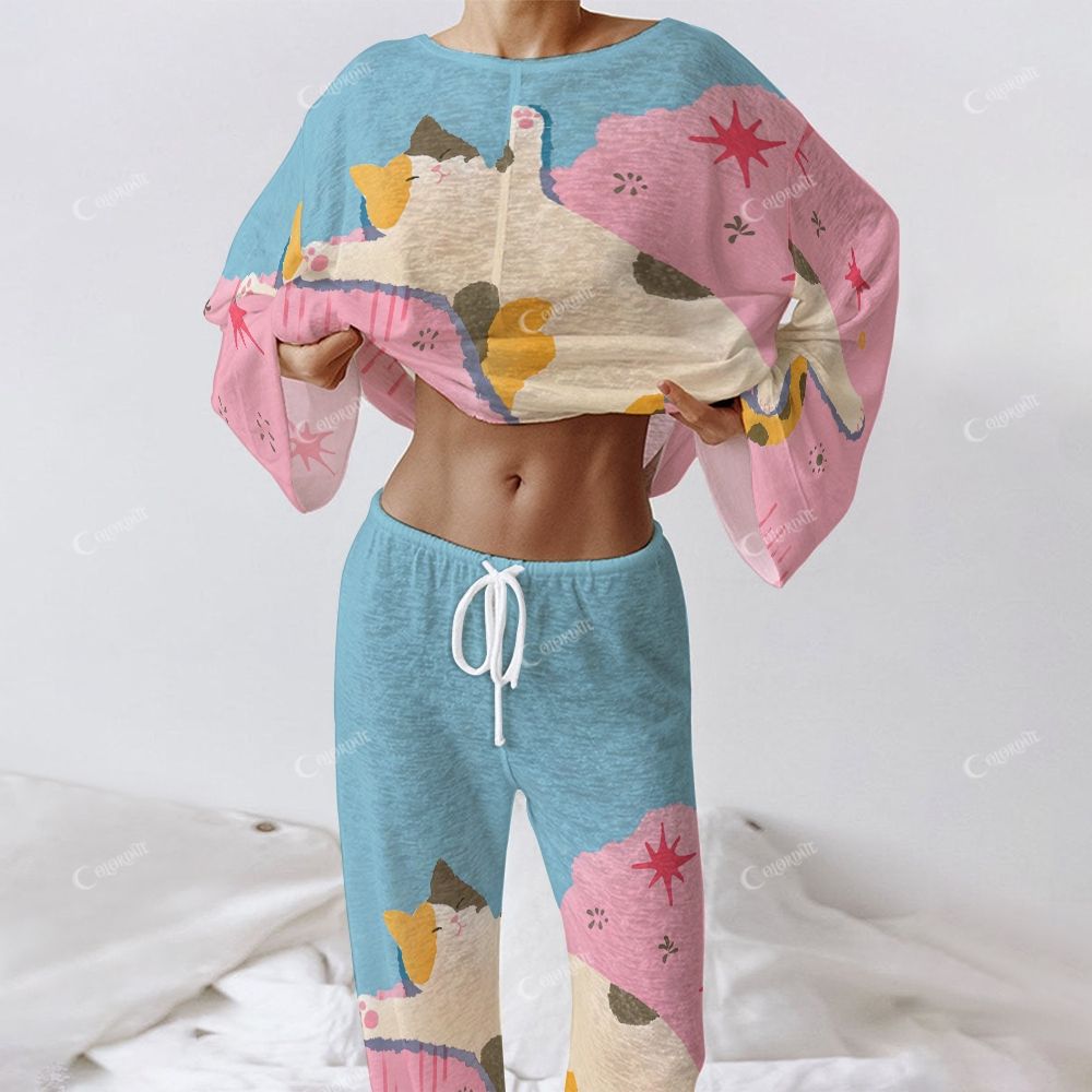 Colordate Women's Cute Cat Print Long Sleeve Cotton Homewear Set