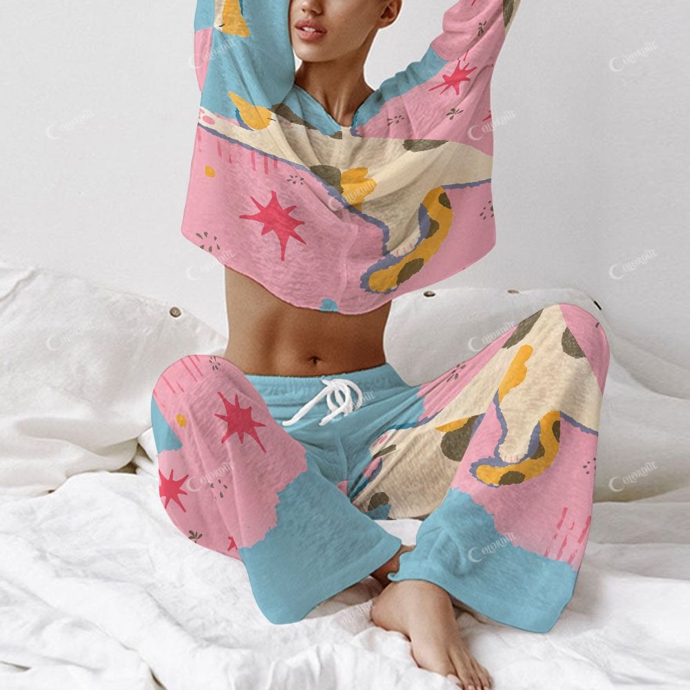 Colordate Women's Cute Cat Print Long Sleeve Cotton Homewear Set
