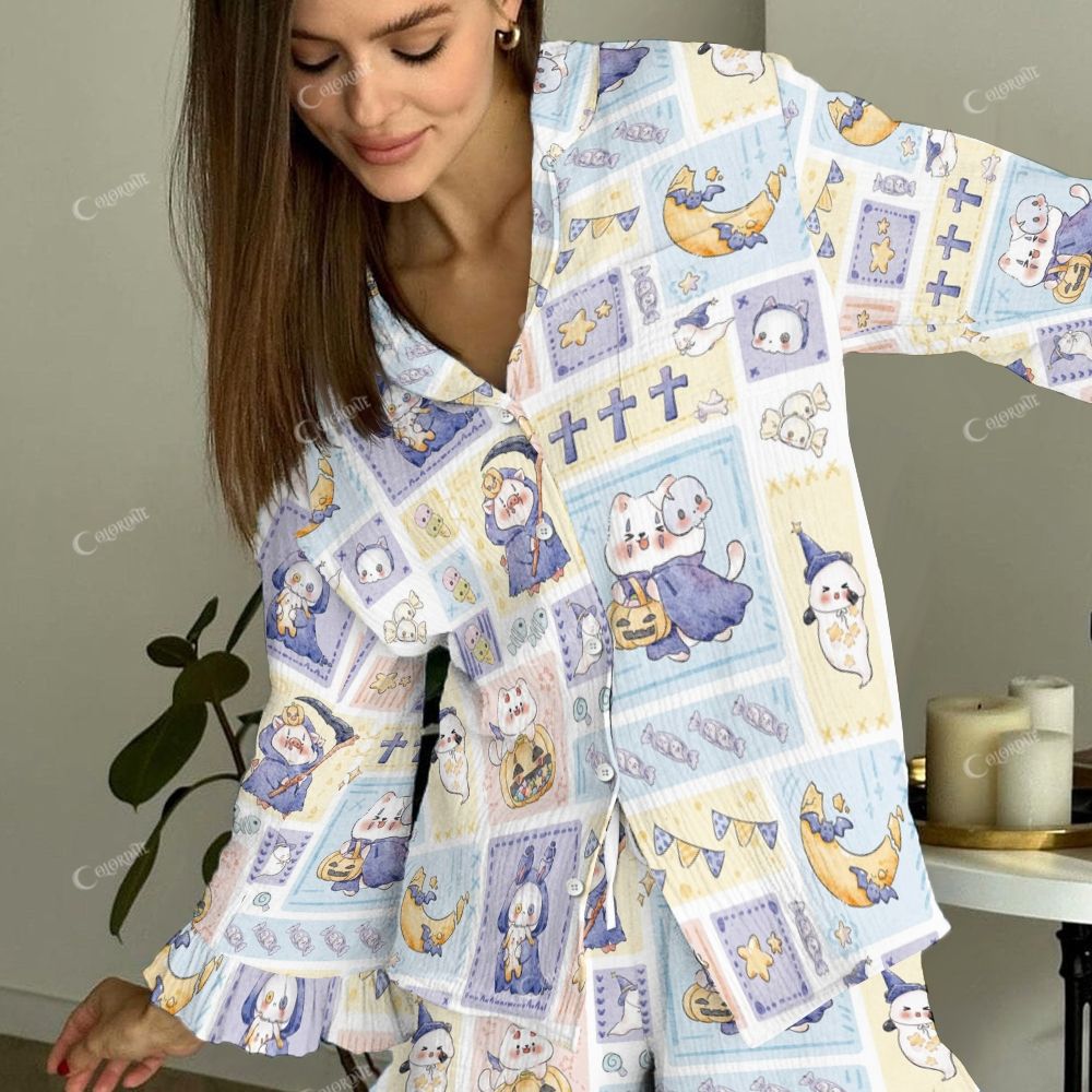 Colordate Women's Cute Ghost Vintage Printed Linen Cotton Suit