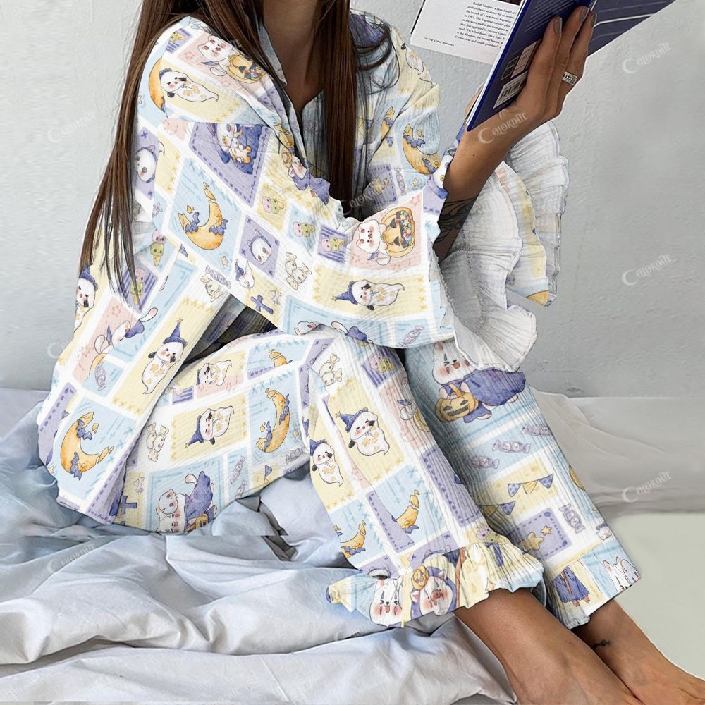Colordate Women's Cute Ghost Vintage Printed Linen Cotton Suit