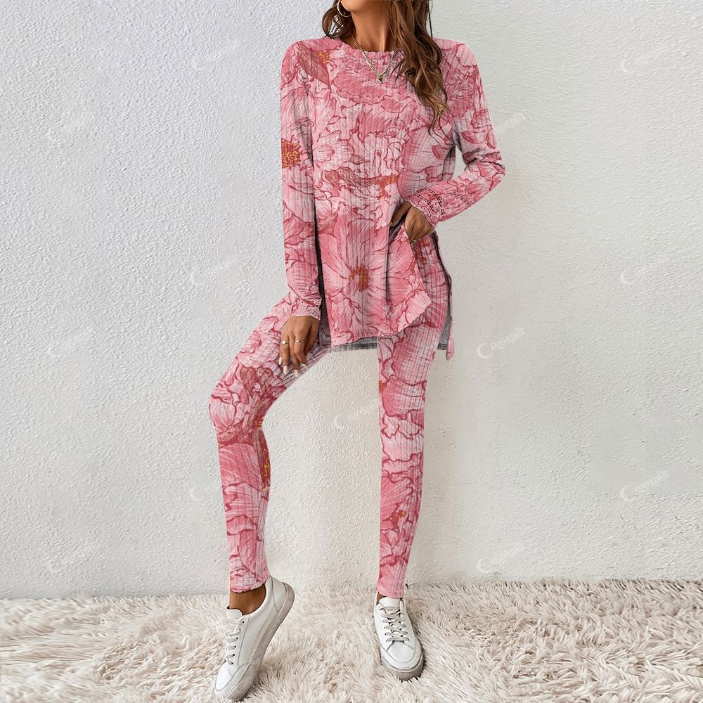 Colordate Women's Red Flower Print Long Sleeve Suit