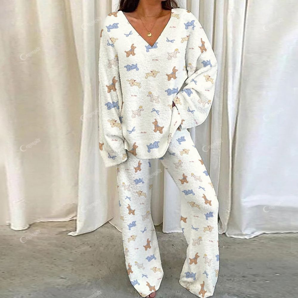 Colordate Cute Dog Print Loungewear Set For Women