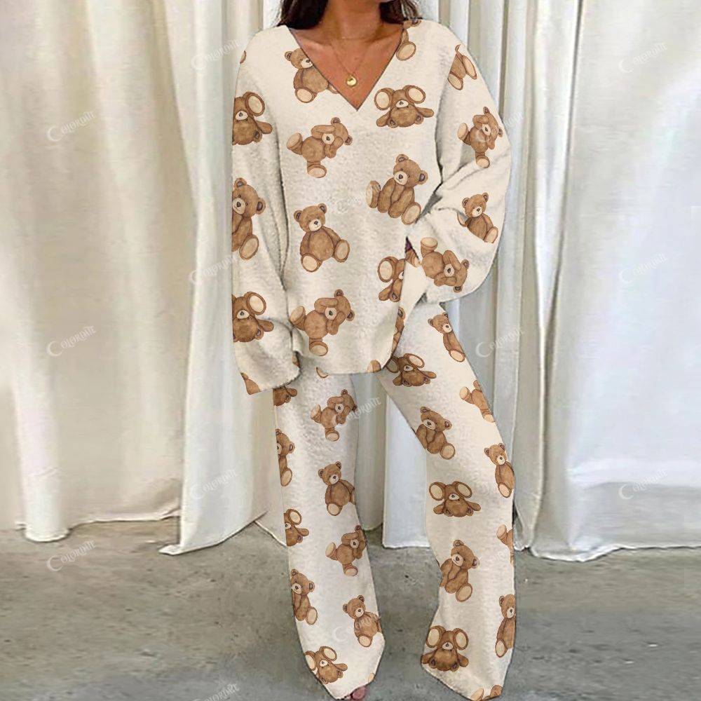 Colordate Cute Bear Print Loungewear Set For Women