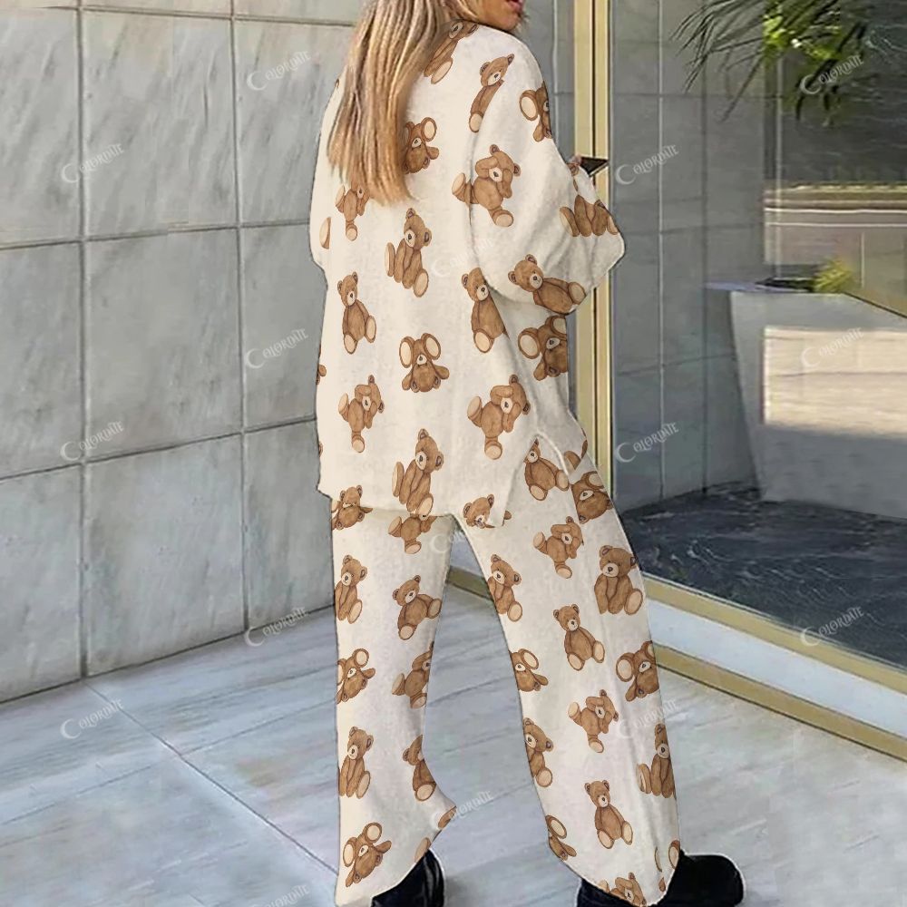 Colordate Cute Bear Print Loungewear Set For Women
