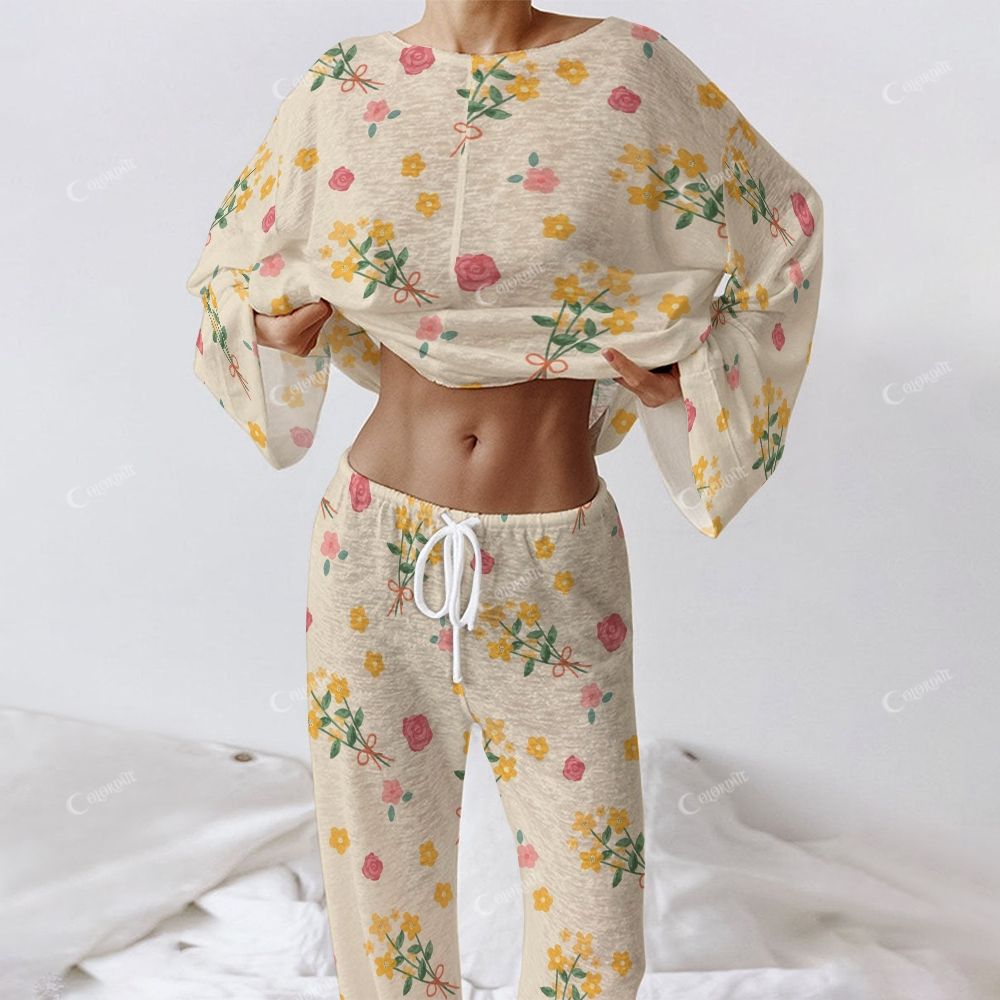 Colordate Women's Yellow And Pink Floral Prints Long Sleeve Cotton Homewear Set