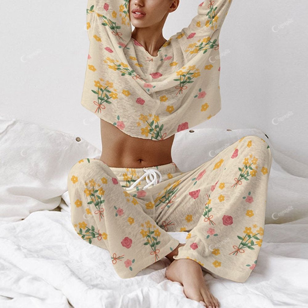 Colordate Women's Yellow And Pink Floral Prints Long Sleeve Cotton Homewear Set