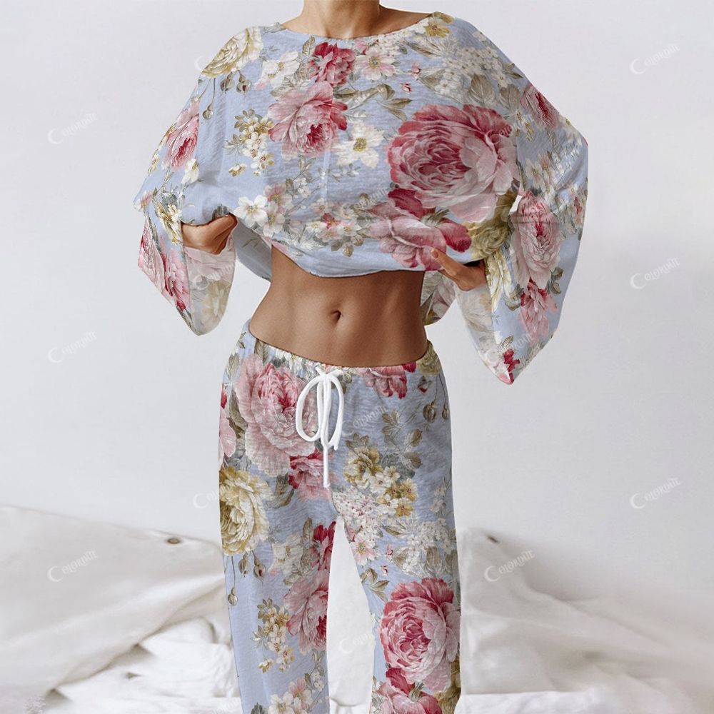 Colordate Women's Peony Flower Print Long Sleeve Cotton Homewear Set