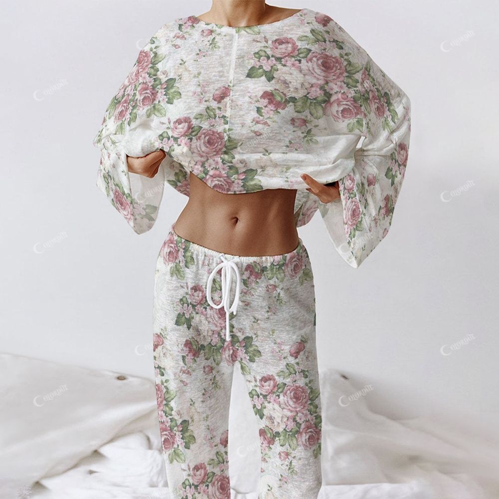Colordate Women's Flower Print Long Sleeve Cotton Homewear Set