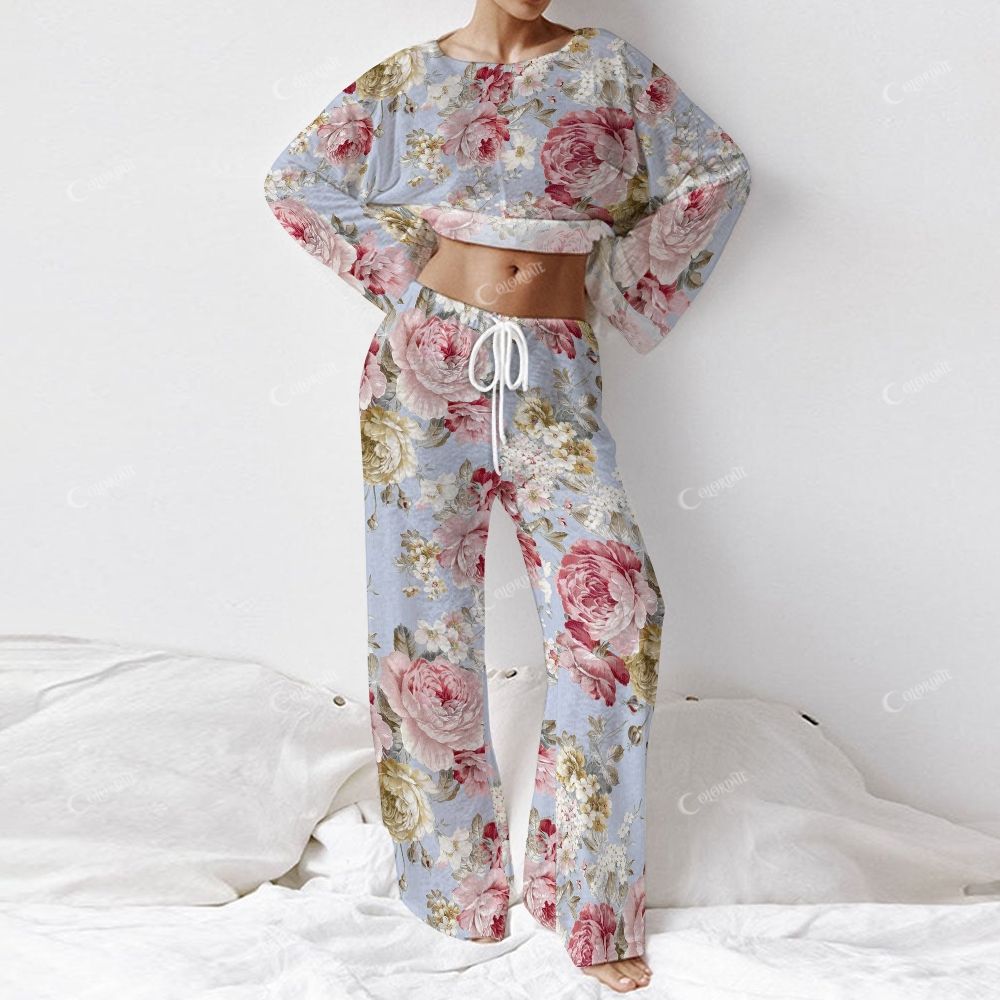 Colordate Women's Peony Flower Print Long Sleeve Cotton Homewear Set
