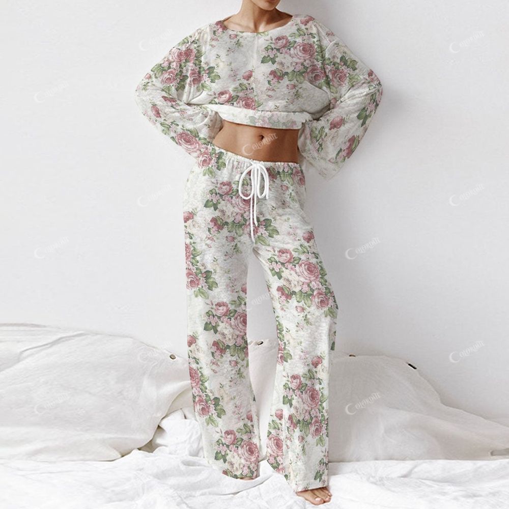 Colordate Women's Flower Print Long Sleeve Cotton Homewear Set
