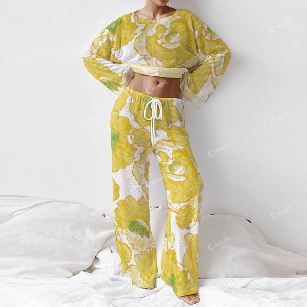 Colordate Women's Yellow Flower Print Long Sleeve Cotton Homewear Set