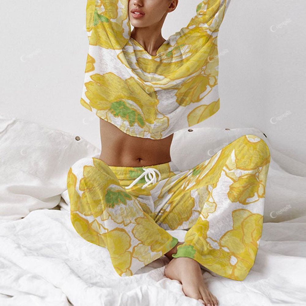 Colordate Women's Yellow Flower Print Long Sleeve Cotton Homewear Set