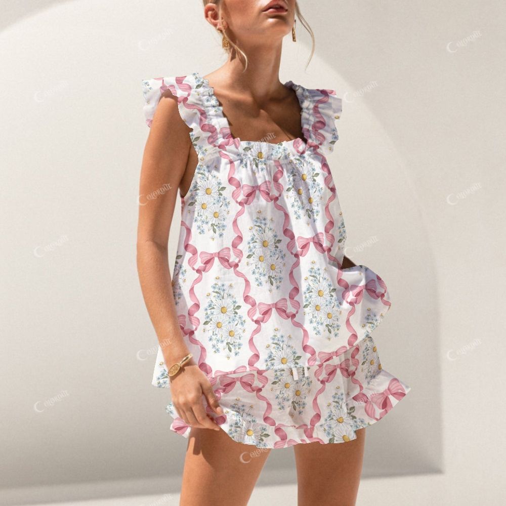 Colordate Bows And Floral Prints Short Tank Top Shorts Pajama Set