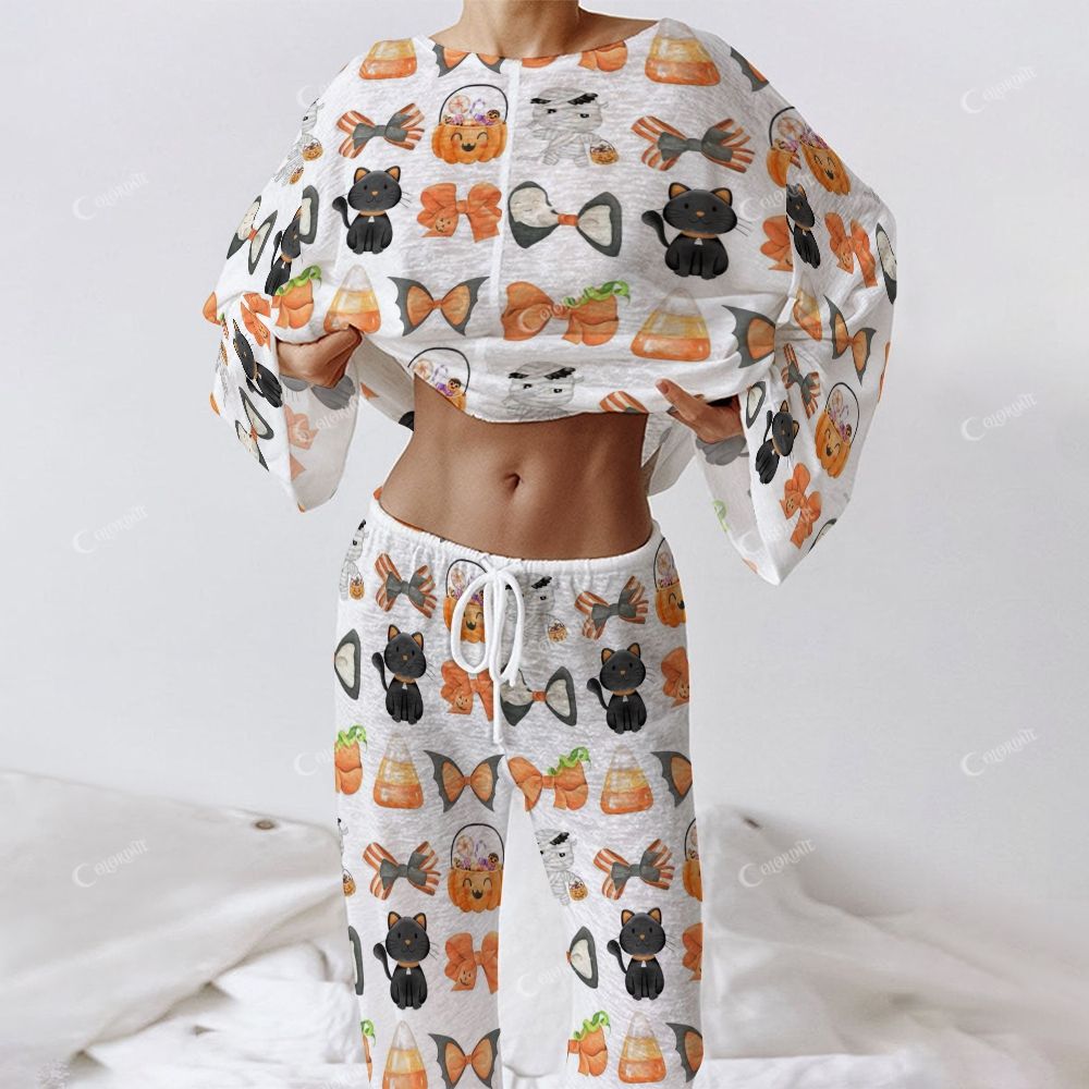 Colordate Women's Halloween Element Print Long Sleeve Cotton Homewear Set